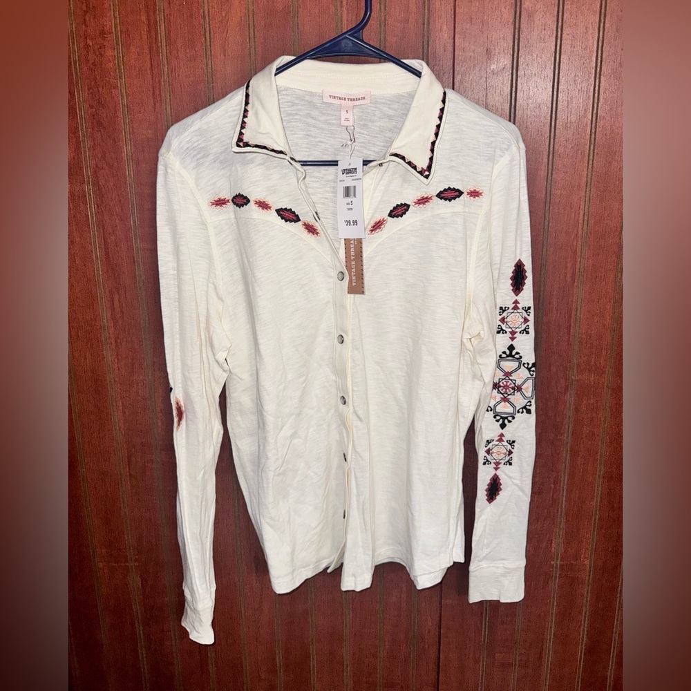 Embroidered Cream Button-Down Shirt